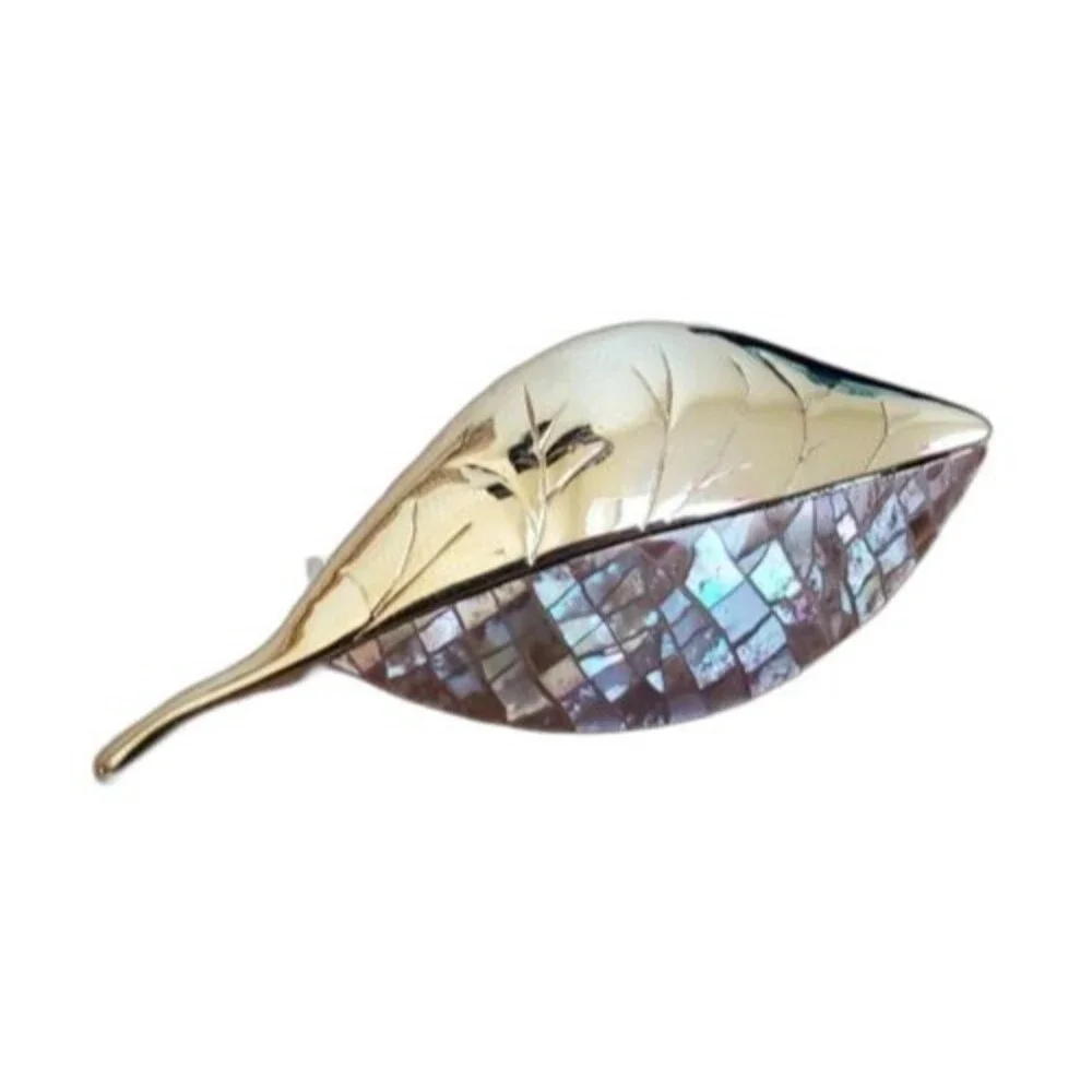 VTG Liz Clairborne Brooch Shell Leaf Gold Tone Pin SIGNED LC Jewelry Estate 2